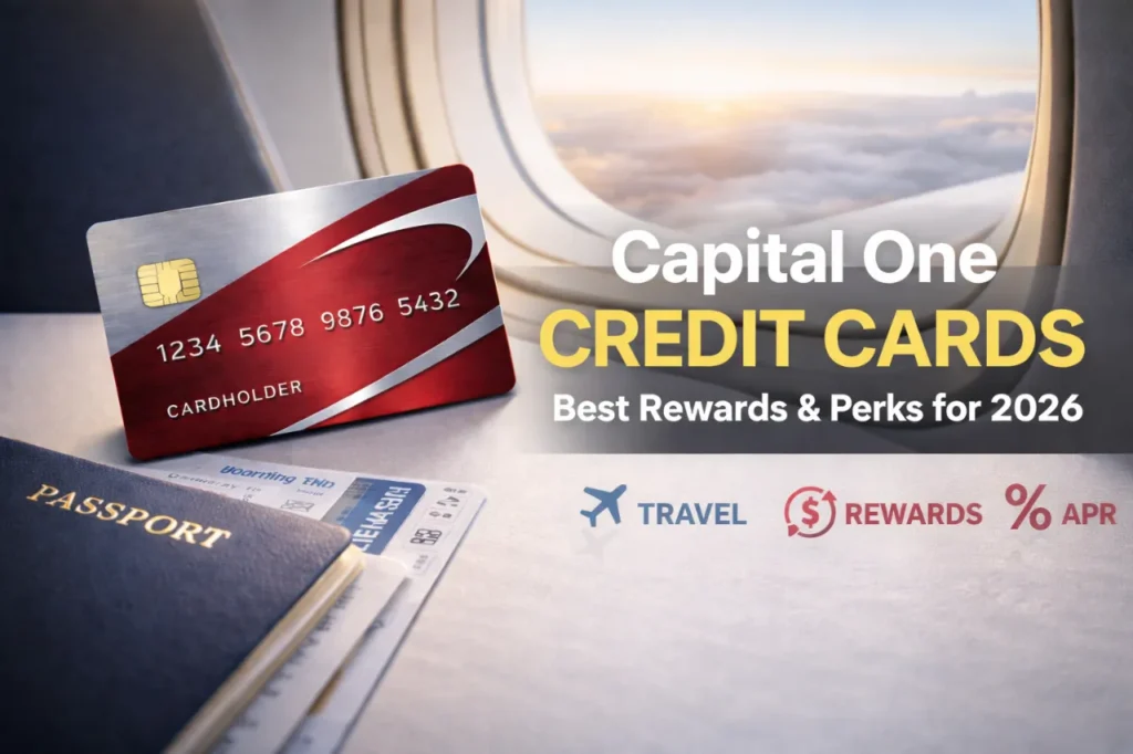 Capital One travel credit card with passport and plane window background showing rewards points and updated lounge access benefits.