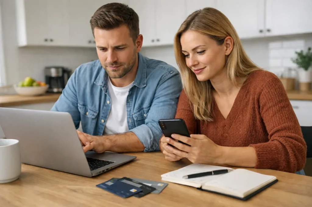 American couple reviewing monthly expenses and credit cards at home in 2026
