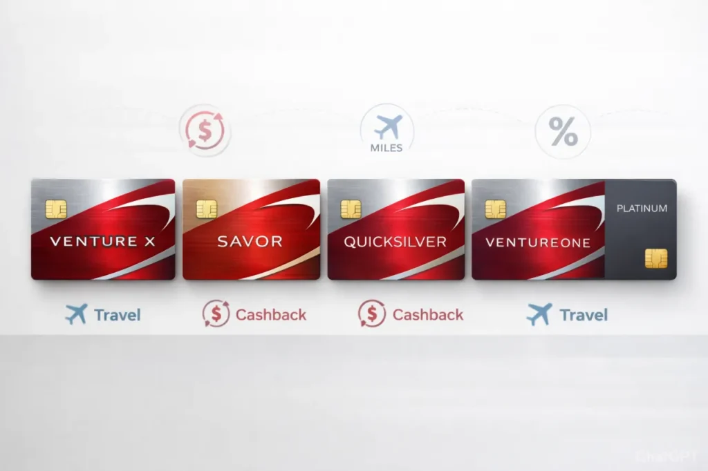 Modern credit card comparison banner showing multiple sleek cards with cashback, travel miles, and APR icons on a clean white background.