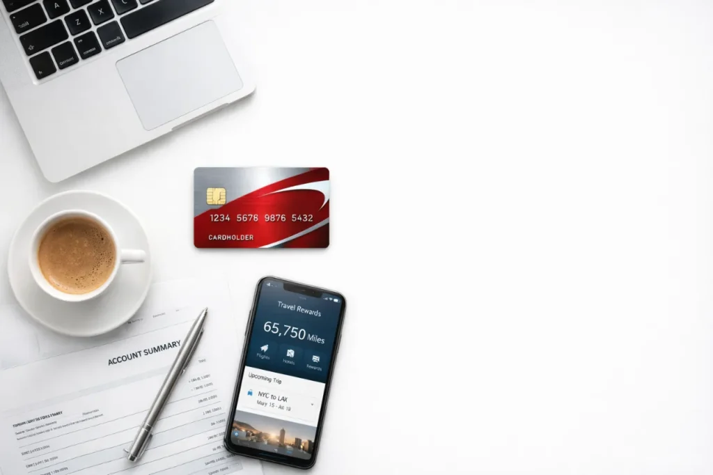 Minimalist flat lay of credit card, laptop, and smartphone showing travel rewards points for financial planning.