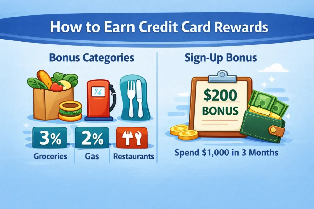 how to earn credit card rewards in the USA with bonus categories and sign up bonuses
