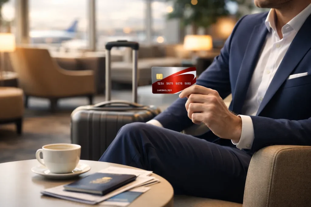 Business traveler holding credit card in airport lounge.