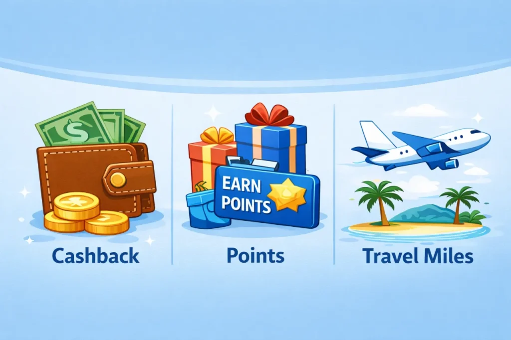 types of credit card rewards in the USA including cashback points and travel miles
