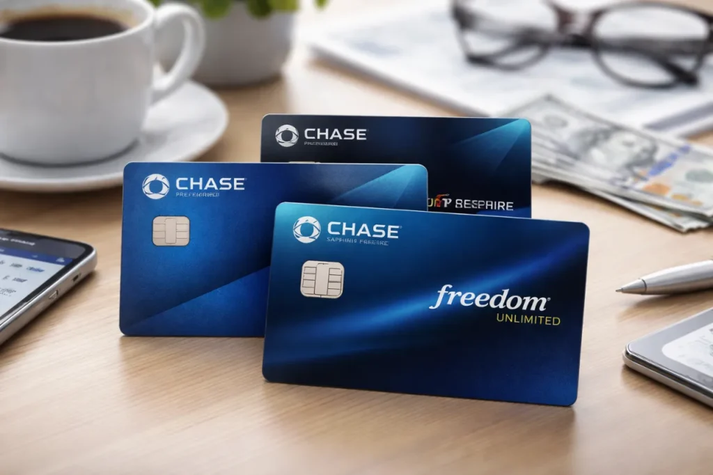 Three Chase credit cards – Sapphire Preferred, Sapphire Reserve, and Freedom Unlimited – displayed on a desk with smartphone and pen, representing US credit card rewards, travel benefits, and cashback opportunities in 2026.