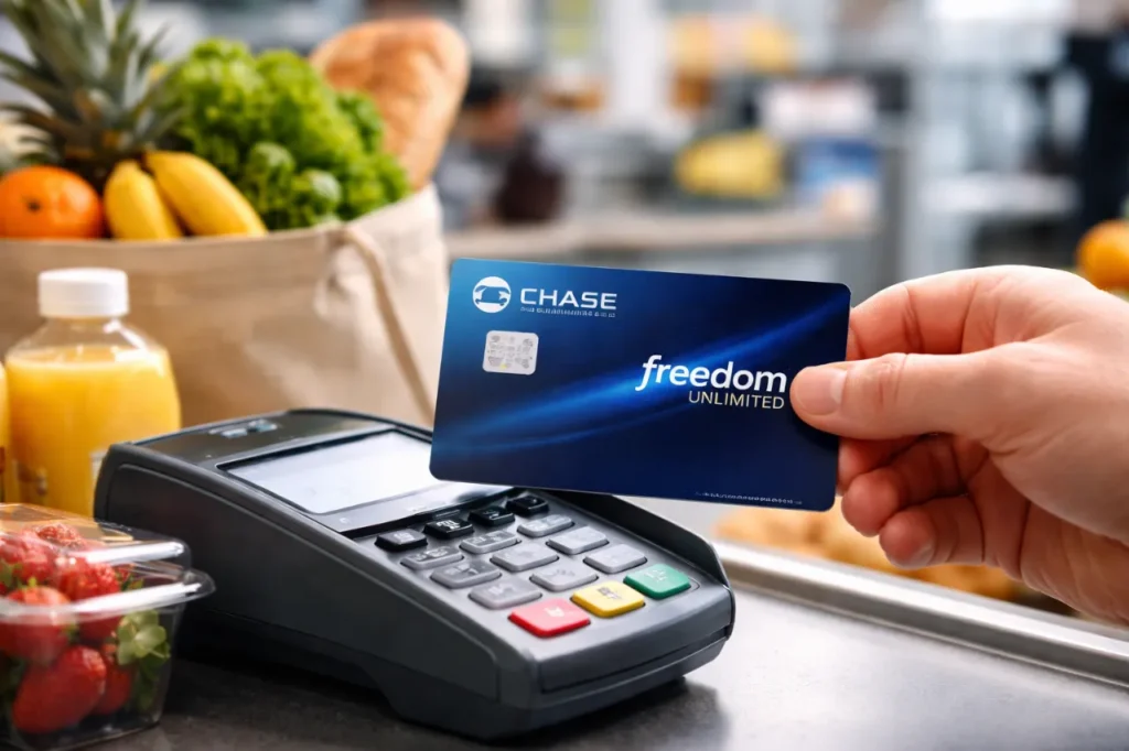 Person paying at a grocery store with a Chase Freedom Unlimited credit card, earning cashback rewards on everyday purchases in the United States.