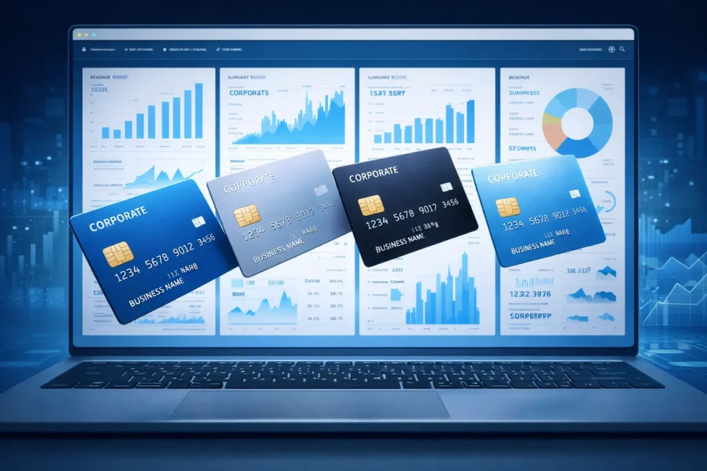 Business credit card comparison concept showing multiple corporate credit cards above a financial analytics dashboard