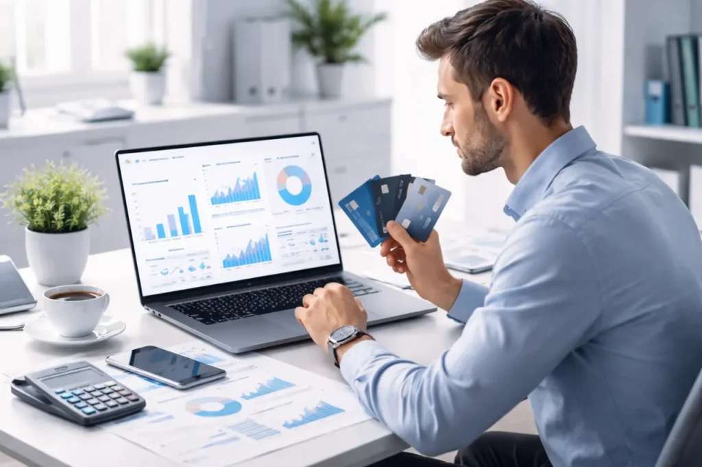 Startup founder analyzing financial charts on laptop while holding business credit cards in modern office workspace