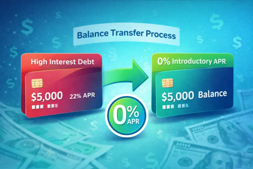 balance transfer credit card process showing moving debt to 0% APR card in USA 2026
