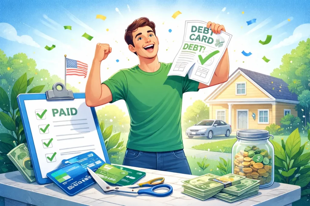 person celebrating paying off credit card debt and achieving financial freedom in USA