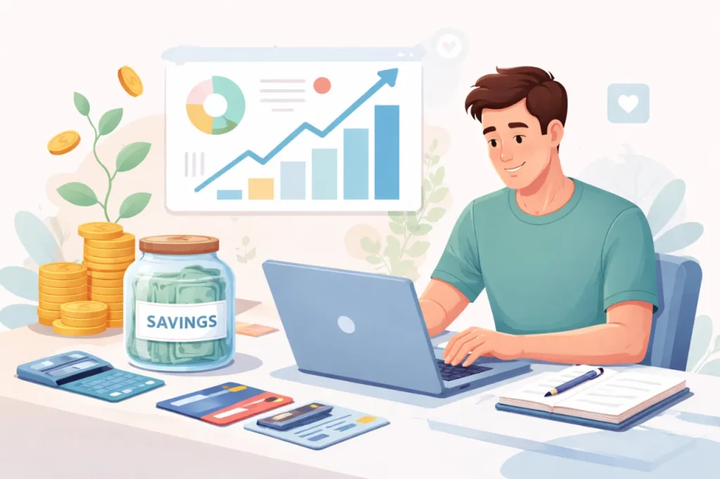 Personal Finance 2026 guide illustration showing budgeting, saving, and investing concepts