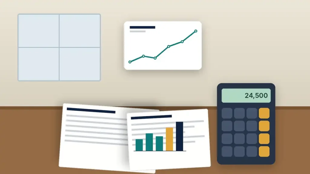 Illustration of a retirement planning desk with printed charts, a calculator showing 24,500 and a rising line chart on the wall