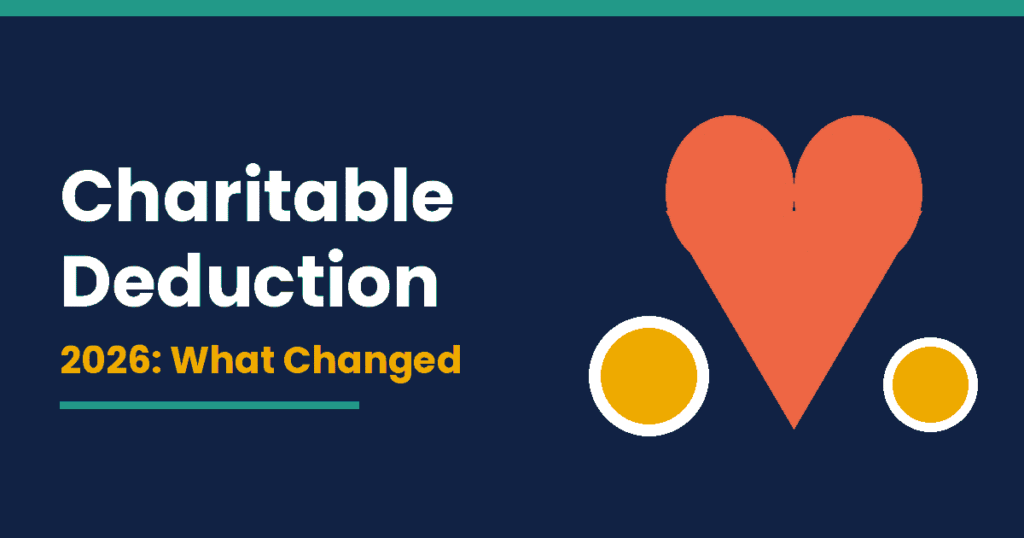 Navy graphic with the words Charitable Deduction 2026 What Changed beside a coral heart and two gold coins