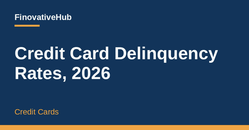 FinovativeHub card with the title "Credit Card Delinquency Rates, 2026" and the label "Credit Cards" on a dark blue background