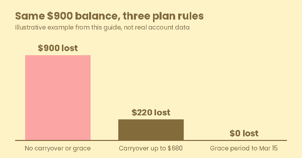 FSA deadline 2026 bar chart: a $900 unused balance means $900 lost with no carryover or grace period, $220 lost with a $680 carryover, and $0 lost if used within a grace period (illustrative example)