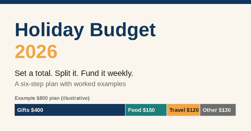 Holiday budget 2026 graphic with an example $800 plan split into gifts $400, food $150, travel $120 and other $130