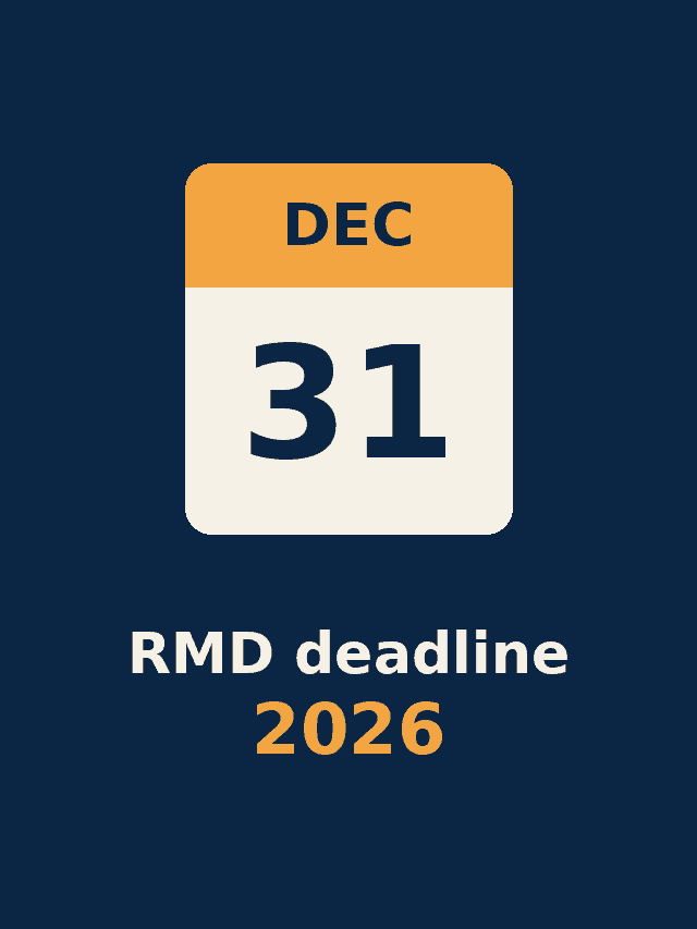 Calendar showing December 31 with the text RMD deadline 2026 on a navy background